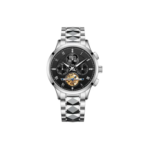 BEXEI Модный Универсальный Повседневный Автоматический Механический Механизм Нержавеющая Сталь Ремешок Часы Мужские Черный Циферблат