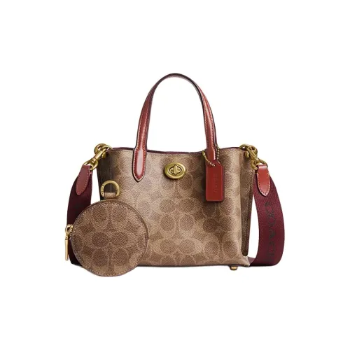 COACH Willow Покрытый холст Одно плечо Сумка через плечо Тоут Сумка Сумка для покупок Сумка Маленькая Женская Ржаво-красный Коричневый