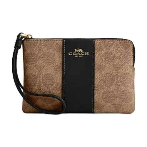 COACH Corner Zip Искусственная кожа с коровьей спилковой кожей запястный клатч маленькая сумка женский коричневый желтый и черный