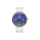 Серебряный корпус, синий циферблат, белый резиновый ремешок