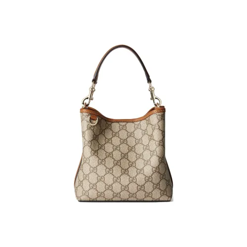 GUCCI Покрытый холст с кожаными вставками ведрообразная сумка мини женская бежевый и темно-коричневый