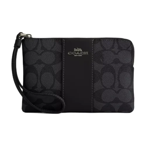 COACH Corner Zip Покрытый холст Клатч Маленький Женский Угольный Черный