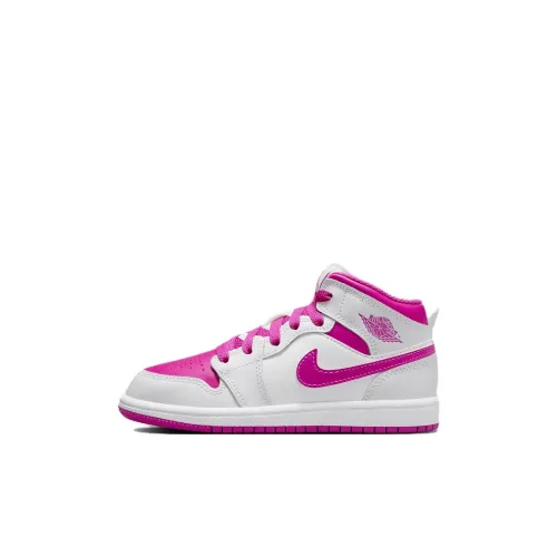 Jordan Air Jordan 1 Детские баскетбольные кроссовки MID Топ Радужка Язык цветов Белый Пламя Розовый Для дошкольников