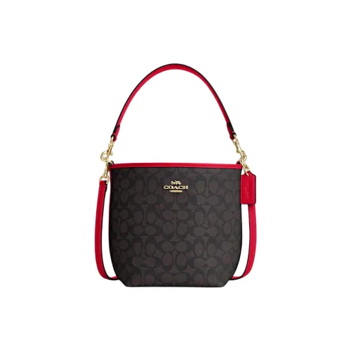 COACH Городская Сумка-ведро из Покрытого Холста Портативная Сумка через плечо Маленькая Сумка через плечо Женская Черная и Красная