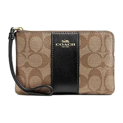 COACH Corner Zip Покрытый холст с переработанной кожей Клатч Мини Женский Хаки и Черный