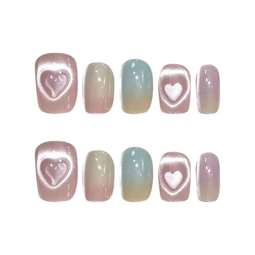 Yun Yue Joe Dreamy Illusion Fashion Gradient Glass Beads Heart Cat Eye Pink Ethereal False Nail Short LADDER 15mm