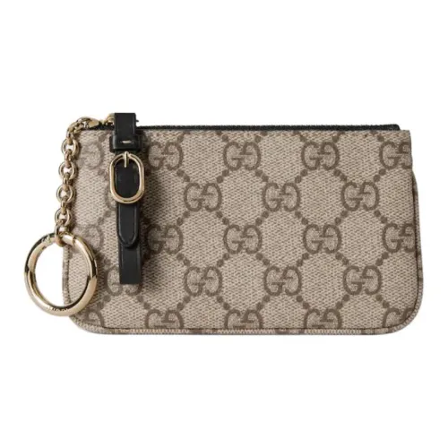 GUCCI GG Emblem Покрытый холст с кожаными вставками цветовая схема Key Pouch женский коричневый и черный