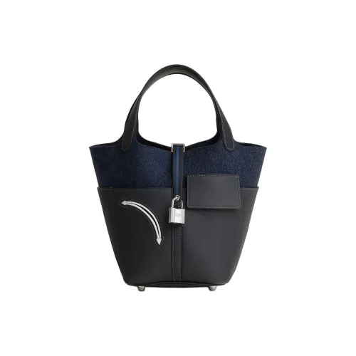 HERMES Picotin Lock Swift Телячья кожа с войлом Корзина Сумка Сумка-ведро Сумка Женская Черная и Синяя