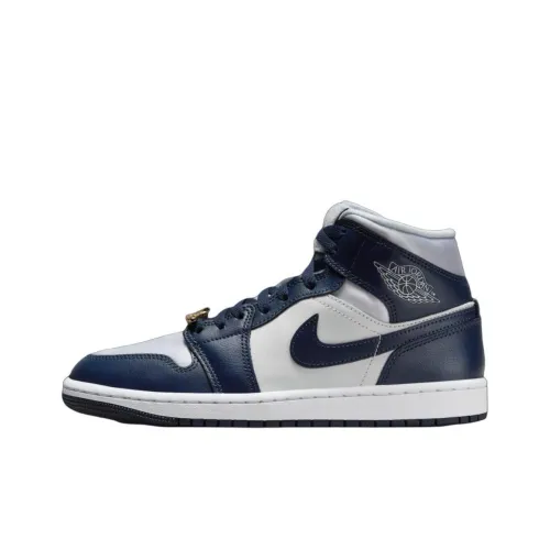 Jordan Air Jordan 1 Противоскользящий Устойчивый к износу MID Топ Винтажные баскетбольные кроссовки Женские Морской синий