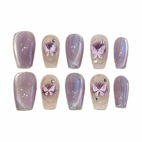 XIAMEIYU Фиолетовый Позолоченный Осветляющий Кошачий глаз Бабочка Летний Эфирный Ручная Работа Nail Art Искусственный Ногтевой Короткий ЛАДДЕР 15 мм