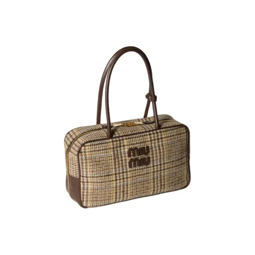 MIU MIU Beau Клетка Шерсть Кожа Сумка Женская Какао-Коричневый