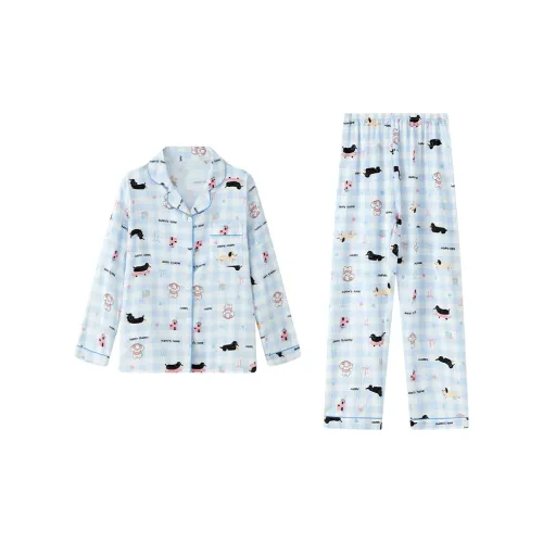 Сон Студенты Квартира Домашний Верхняя одежда Готовый Комплект пижам Женские Синий