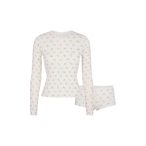 SKIMS Логотип POINTELLE Длинный рукав Комплект Пижама Комплект Женский Мраморный Цветочный принт