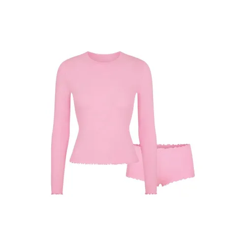 SKIMS Логотип POINTELLE Длинный рукав Комплект Пижама Комплект Женский Жвачка Розовый BUBBLE GUM