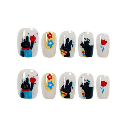 Yun Yue Joe Милый Hand Разрисованный Черный кот Eye Мультяшный Маленький цветок False Nail Короткий LADDER Черный белый Jump Цвет 15мм