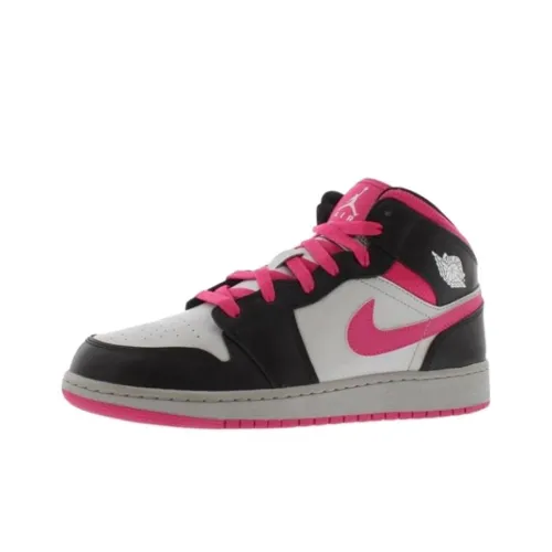 Jordan Air Jordan 1 Амортизация Износостойкий MID Топ Детские Баскетбольные Кроссовки Белый Черный Розовый Подростки