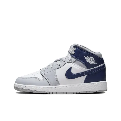Jordan Air Jordan 1 Детские баскетбольные кроссовки MID Топ Белый/Волчий серый/Полночь Морской синий Школьный возраст