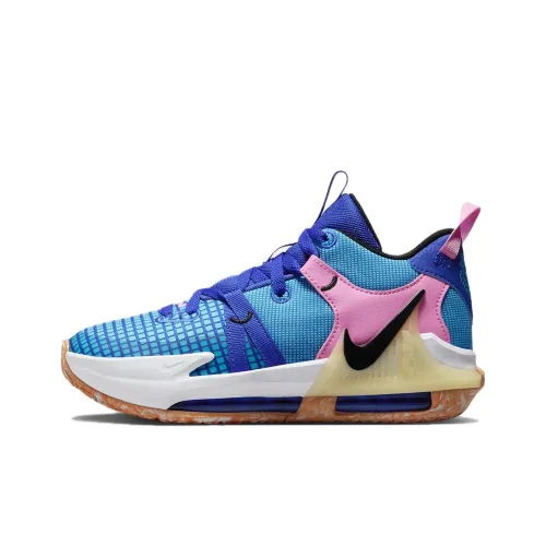Nike Lebron 7 Slip-resistant Амортизация Устойчивость к истиранию MID Топ Детские Баскетбольные кроссовки Сине-белый