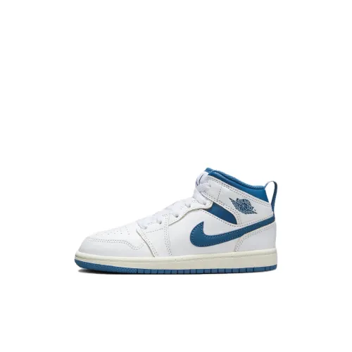 Jordan Air Jordan 1 Амортизация Износостойкий MID Топ Детские Баскетбольные кроссовки Белый Синий