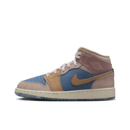 Jordan Air Jordan 1 MID Zen Износостойкий MID Топ Детские Баскетбольные кроссовки Розовый Синий Желтый