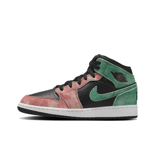 Jordan Air Jordan 1 Детские баскетбольные кроссовки MID Топ Черный Розовый Зеленый Школьный возраст