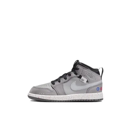Jordan Air Jordan 1 MID Крылья Противоскользящие Устойчивые к истиранию Низкий Топ Детские Баскетбольные Кроссовки Серый Черный Детский
