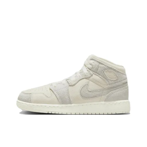 Jordan Air Jordan 1 Детская повседневная обувь MID Топ Светло-слоновая кость/Легенда Цвет Светло-коричневый/Цвет холста Школьный возраст