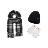 Черно-белый шарф + белая перчатка + черные шапки и кепки