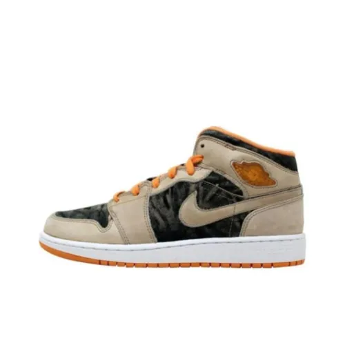 Jordan Air Jordan 1 Амортизация Износостойкий Высокий Топ Детские Скейтбординги Бежево-черный Подростки