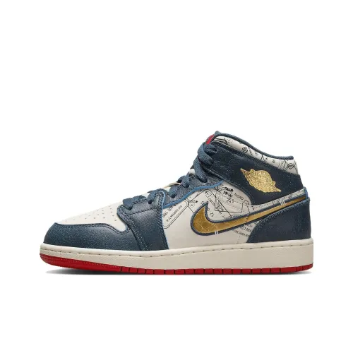 Jordan Air Jordan 1 MID SE 'TAKE FLIGHT' Устойчивый к истиранию MID Топ Детские Баскетбольные кроссовки Бежево-синий Золотой