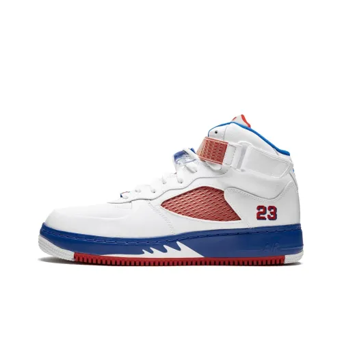 Jordan Air Джордан Fusion 5 Амортизация Износостойкий Высокий Топ Детские Баскетбольные Кроссовки Белый Синий Подростки