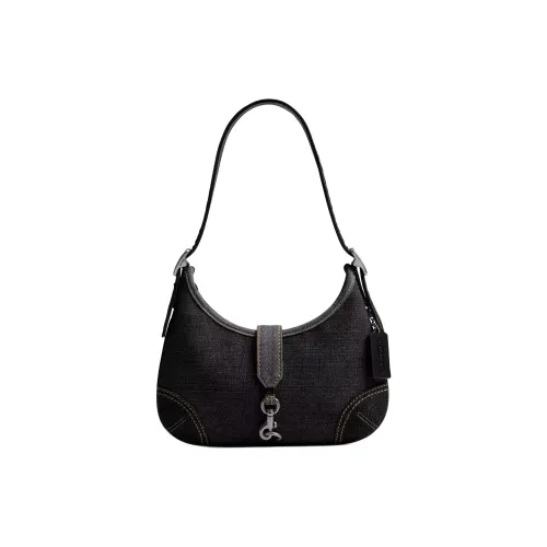 COACH Деним Хобо Сумка Сумка Плечевая Сумка Большая Женская Черная