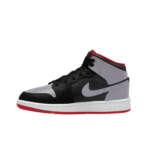 Jordan Air Jordan 1 MID Устойчивый к истиранию MID Топ Детские Баскетбольные кроссовки Белый Черный Красный