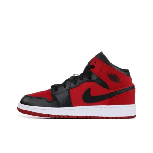 Jordan Air Jordan 1 MID Амортизация Износостойкий MID Топ Детские Баскетбольные Кроссовки Черный Красный
