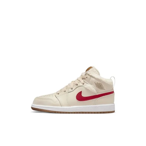 Jordan Air Jordan 1 MID Топ Детские Баскетбольные Кроссовки Бежево-Красные Для Детского Возраста