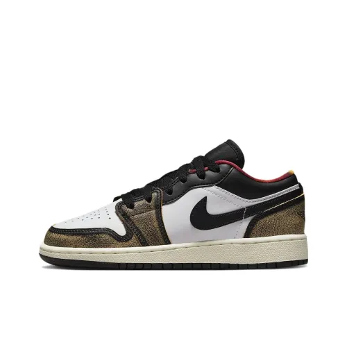 Jordan Air Jordan 1 Wear Гостевой Аbrasion Resistant Низкий Топ Детские Баскетбольные Кроссовки Черный Белый Желтый