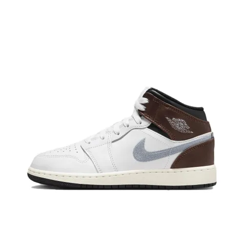 Jordan Air Jordan 1 MID SE Устойчивый к истиранию Дышащий MID Топ Детские Баскетбольные кроссовки Белый-коричневый