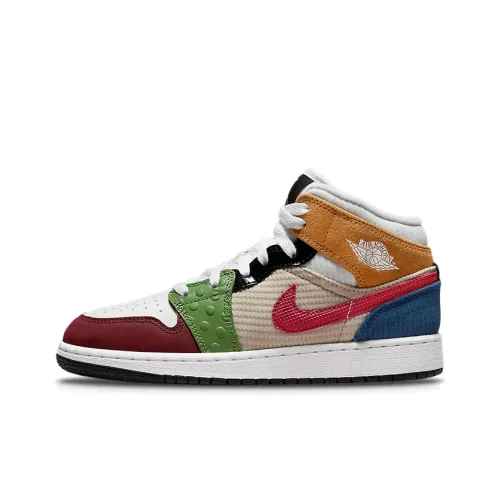 Jordan Air Jordan 1 MULTI Материал Устойчивый к истиранию MID Топ Детские Баскетбольные кроссовки Белый Коричневый Красный
