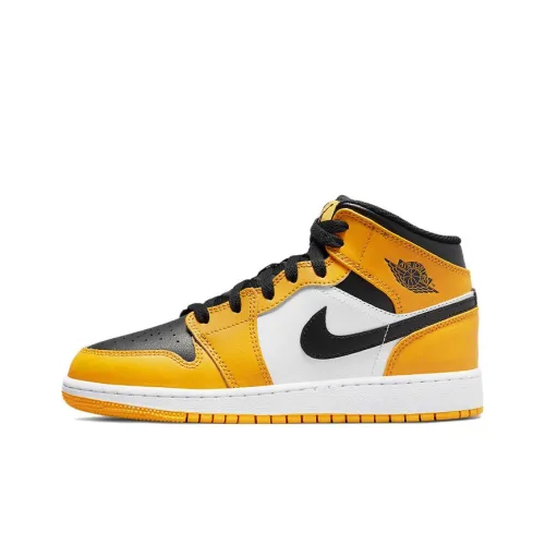 Jordan Air Jordan 1 MID Устойчивый к истиранию MID Топ Детские Баскетбольные кроссовки Черный Белый Желтый