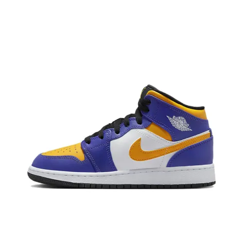 Jordan Air Jordan 1 MID Устойчивые к истиранию амортизаторы MID Топ Детские Скейтбординги Белый синий желтый
