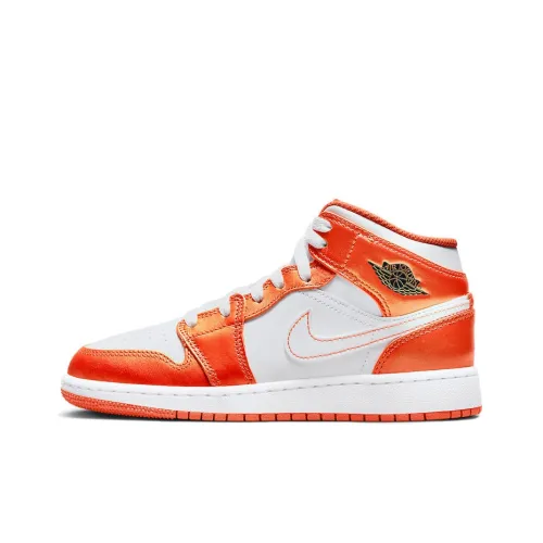 Jordan Air Jordan 1 MID Устойчивый к истиранию MID Топ Детские Баскетбольные кроссовки Белый Оранжевый