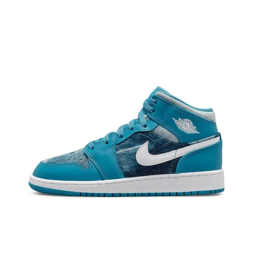Jordan Air Jordan 1 MID 'Washed Denim' Устойчивый к истиранию MID Топ Детские баскетбольные кроссовки Озерно-голубой Подростки