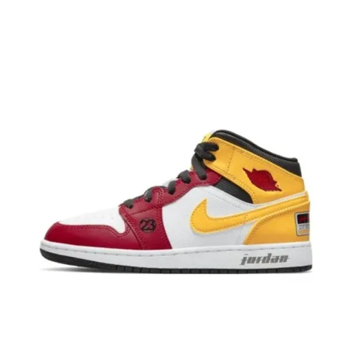 Jordan Air Jordan 1 MID SE Motorsports Устойчивый к истиранию MID Топ Детские баскетбольные кроссовки Белый Красный Желтый