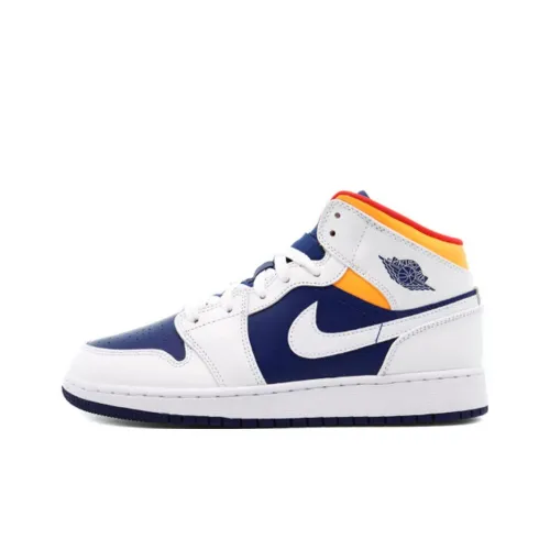 Jordan Air Jordan 1 MID Топ Детские Баскетбольные Кроссовки Белый Синий и Оранжевый