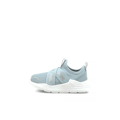 PUMA Wired Run Slip-On Амортизация и Дышащий Низкий Топ Беговые кроссовки Синий и Серебряный Для малышей и детей дошкольного возраста