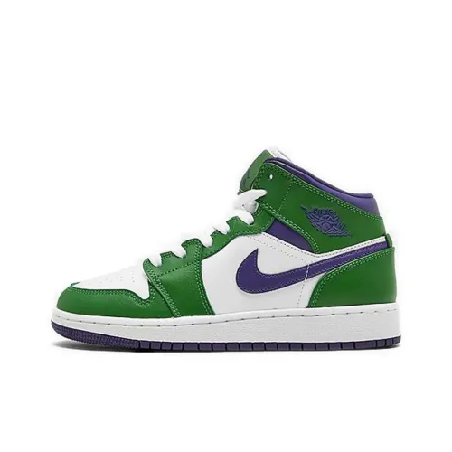 Jordan Air Jordan 1 MID Устойчивый к истиранию MID Топ Детские Баскетбольные кроссовки Белый Зеленый