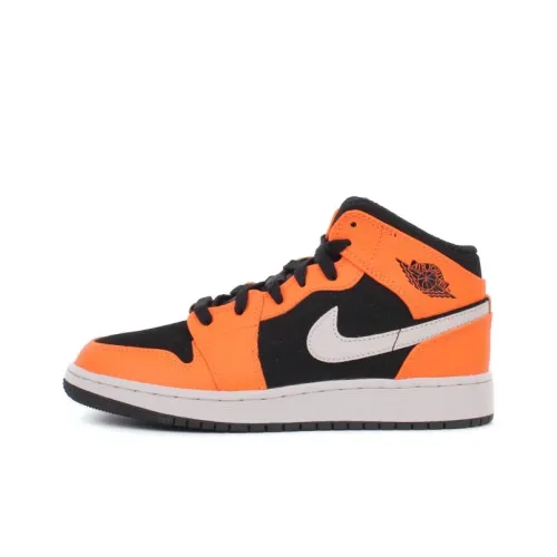 Jordan Air Jordan 1 MID Нижняя юбка Устойчивый к истиранию MID Топ Детские баскетбольные кроссовки Черный Оранжевый