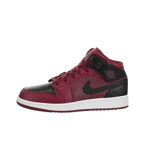 Jordan Air Jordan 1 MID Командный красный Черный Нижняя юбка Резистентные амортизаторы MID Топ Детские баскетбольные кроссовки Красный черный