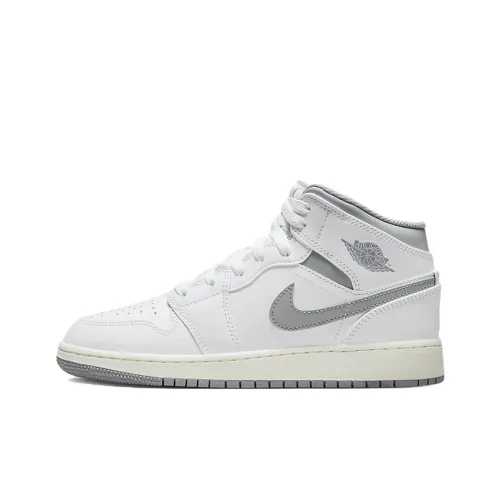 Jordan Air Jordan 1 MID 'Neutral GREY' Устойчивый к истиранию MID Топ Детские Баскетбольные кроссовки Белый Серый