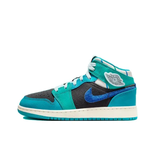 Jordan 1 Устойчивый к истиранию Дышащий MID Топ Детские Баскетбольные кроссовки Синие Зеленые